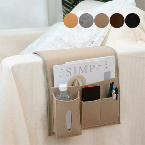 Armchair Armrest Organizer with Hook & Loop Strip Bedside Hanging Bag Bed Pouch Sofa Bed Organizer for Book Phone Glasses Beige (1/5)