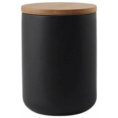 Ceramic Food Storage Jar with Wooden Lid - Portable & Airtight - for Tea, Sugar, Coffee, Beans, Nuts, Tea - Black (800ml) (1/5)