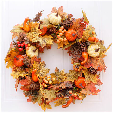 Fall Maple Leaf Pumpkin Halloween Wreath Artificial Fall Maple Leaf Garlands 60cm Berry Pumpkin Hanging Wall Decor Door Wreath For Thanksgiving Christmas (1/5)