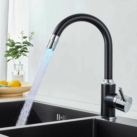 Black LED Kitchen Faucet 3 Color Variation Black U Shaped Kitchen Sink Faucet 360° Swivel Brass Kitchen Sink Mixer