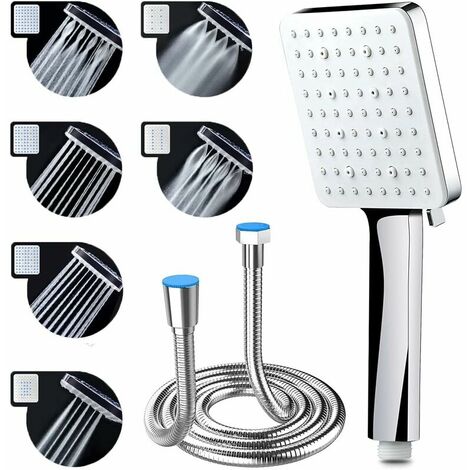 High Pressure Shower Head with 1.5m Hose Water Saving Shower Head with 6 Adjustable Shower Modes Universal Large Shower Head, Square Chrome Chrome (1/5)