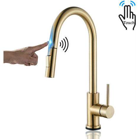 Touch Sensor Kitchen Tap Brushed Gold, Touch On Kitchen Mixer Tap with Pull Out Sprayer, 360° Swivel Tap for Kitchen Sink, Kitchen Sink Tap Pull Out Kitchen Sink Mixer Tap, Stainless Steel