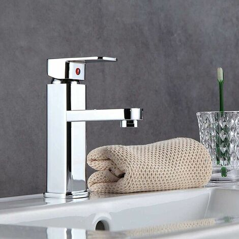 Modern Square Solid Brass Basin Sink Tap Waterfall Effect Washroom Bathroom Mono Mixer Single Lever Tap Chrome Hot & Cold Water