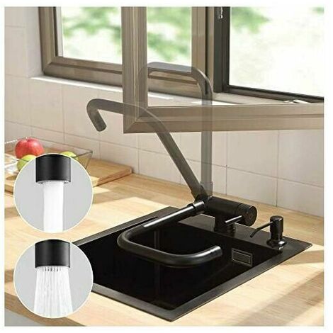 Folding Kitchen Faucet, Black, Folding Kitchen Faucet with 2 Nozzles to Choose From Under the Window, Kitchen Mixer with 360° Rotating Spout, Folding Sink Faucet in Front of the Wi(Black) (1/5)