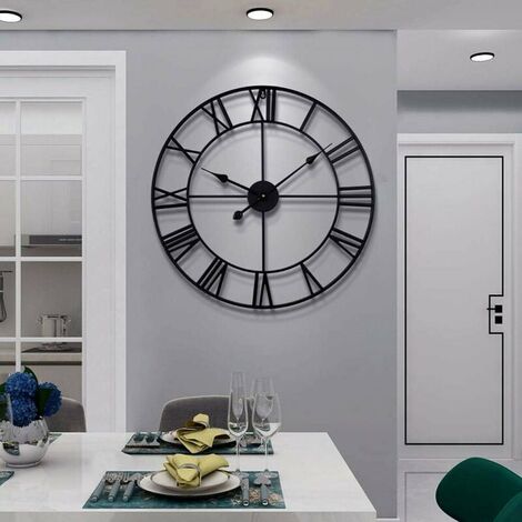Large Vintage Round Metal Wall Clock Silent Non Ticking Battery Operated 40cm 47cm 60cm Black Roman Numeral Clocks for Living Room Bedroom Kitchen Decoration