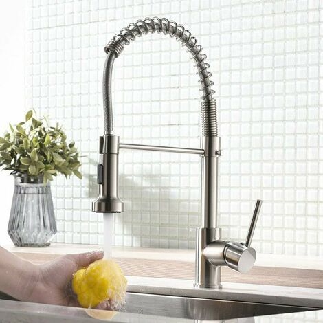 Kitchen Faucet with Spring Spray in Brushed Stainless Steel 360° Swivel Kitchen Faucet in Brushed Nickel Stainless Steel (1/5)