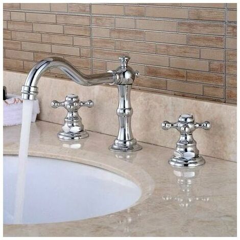 Modern Chrome Copper Cross Faucet Silver Cross 3 Holes 360° Rotatable Wash Basin Water Sink Faucets Ceramic Mixer Tap With G1/2 Faucet (1/5)