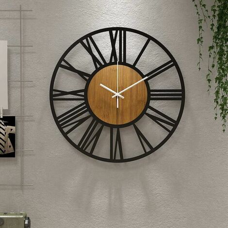 Large Round Black Wooden Wall Clock Living Room Decoration Retro Roman Numerals Silent No Tickling Suitable for Home Garden Office Cafe - 40cm