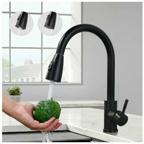 Black kitchen tap, sink mixer with pull-out spray in stainless steel, kitchen mixer with 2 jet modes, high and 360° rotating spout, anti-corrosion