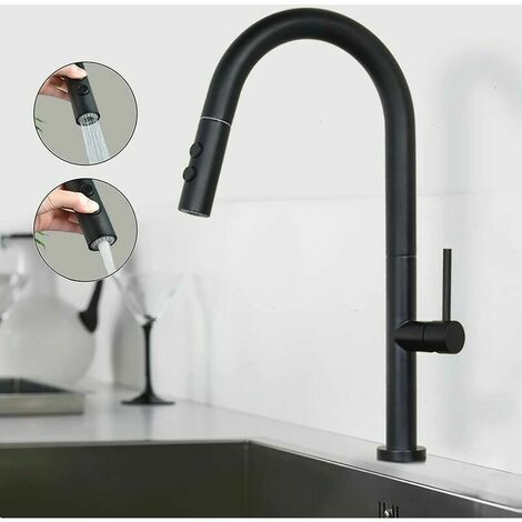 Black Kitchen Faucet, Kitchen Mixer Tap with Pull Out Spray, 360 Degree Rotating Sink Mixer with 2 Spray Modes, Single Lever Modern Kitchen (1/5)