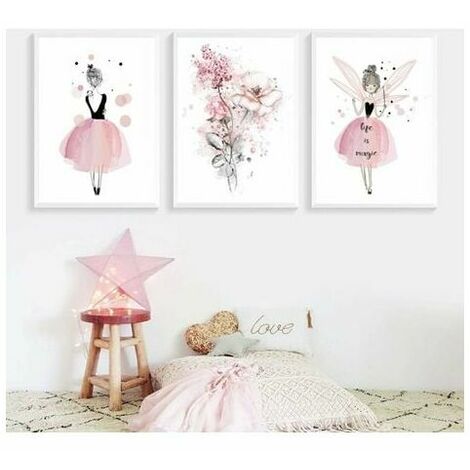 Posters Kids Rooms Girls Pink Pictures Wall Decor Canvas Painting Birthday Gifts XL(50x70cm) Set of 3 Pink