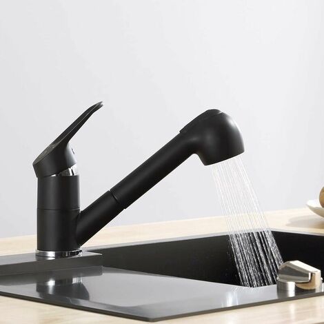 Kitchen Faucet with Pull-Out Spray, 120° Swivel Kitchen Faucet, 2 Hot and Cold Water Kitchen Mixer Tap Functions, Brass, Black (1/5)