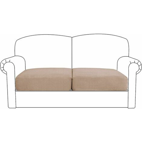 Stretch Sofa Cushion Cover - Elastic Hem Furniture Protector - Small Plaid Spandex Jacquard Fabric (2 Loveseat Cushion Covers, Sand)