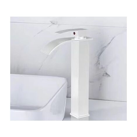 Waterfall Basin Sink Mixer Tap Bathroom Lever Single Handle Leadless Brass Faucet,Tap Bathroom for Cold and Hot Water,With 2 × G3/8’’ hoses,White - B (1/5)