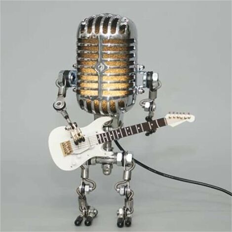 Microphone Robot Guitar Lamp, Retro Cool Cute Fun Steampunk Bedside Table Desk Lamp, for Bedroom, Bar, Restaurant (B)