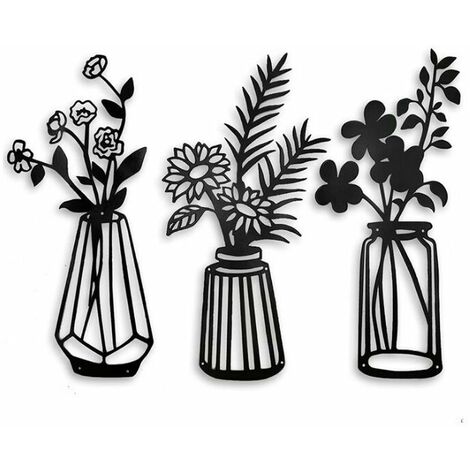 3 Piece Metal Flower Wall Decor, Metal Vase Flower Wall Sculpture, Black Metal Wall Decor Art for Living Room Bathroom Bedroom, Black Wall Art for Kitchen (1/5)