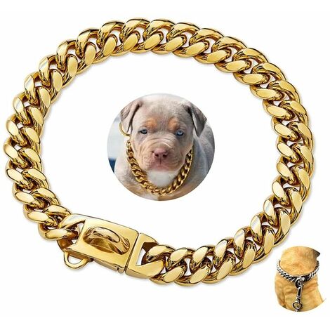 Heavy Duty Cuban Link Dog Collar Gold Stainless Steel Small Medium Large American Bully French Bulldog Dog Collar with Deluxe Safety Buckle