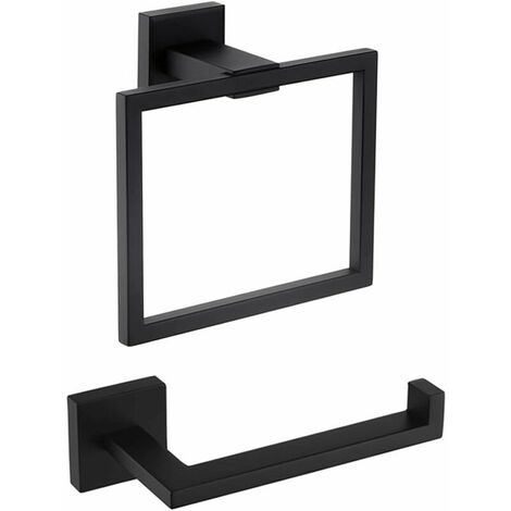 Set of 2 Toilet Paper Holder and Towel Ring Black Bathroom Accessory Set, Square Towel Ring - Black, Paper Towel Holder