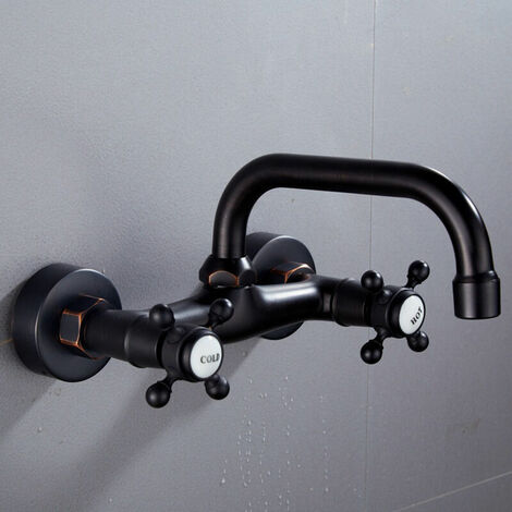 Matte Black Kitchen Faucet Wall Mount Adjustable Center Spout Dual Cross Handles Hot And Cold Water Mixer Tap 360 Rotatable