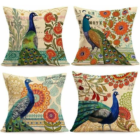 Set of 4 Peacock Cushion Covers Only Decorative Square Pillow Cases Cotton Linen Cushion Cover 18 x 18 Inches (Peacock)
