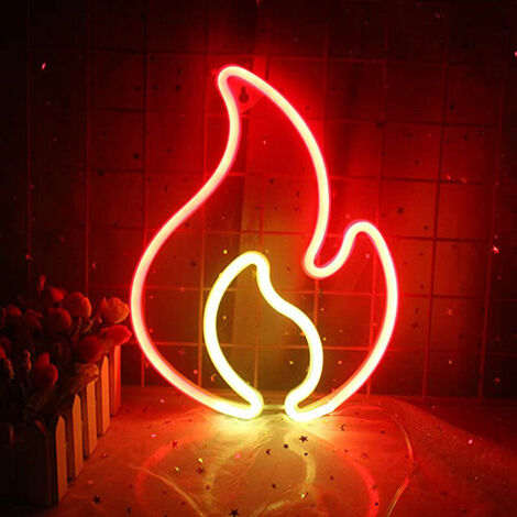 1PC Flame Neon Sign, Flame Led Light Sign for Wall Decor, Hanging Flame Shape Light, USB or Battery Powered Fire Neon Sign for Party, Red+Yellow