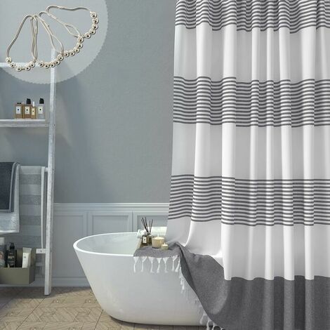 Long Fabric Shower Curtain, 78 Inch Long Farmhouse Gray & White Bohemia Stripe Cotton Fringe Shower Curtain, Machine Washable Tall Shower Curtain with 12 Metal Hooks, 72x72 (1/4)