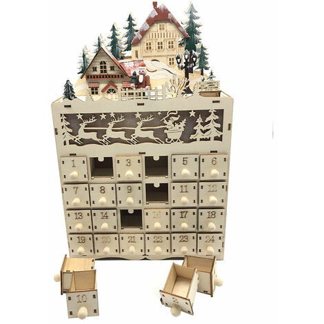 Christmas Wooden Advent Calendar with LED Light 24 Storage Drawers 24 Day Countdown Calendar No Battery (1/4)