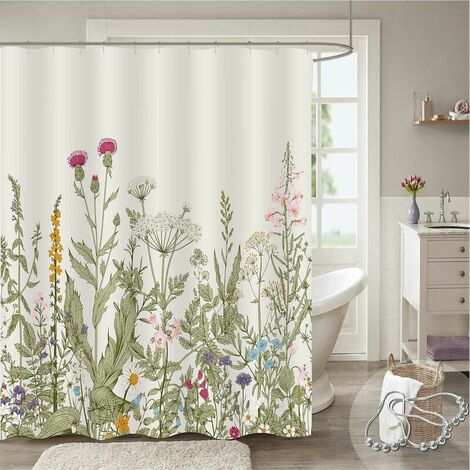 Extra Long Shower Curtain 72 x 72 Long, Vintage Floral Tall Shower Curtain Fabric, Colorful Spring Wildflower Grass Boho Plant Aesthetic Shabby Chic Decor Shower Curtain