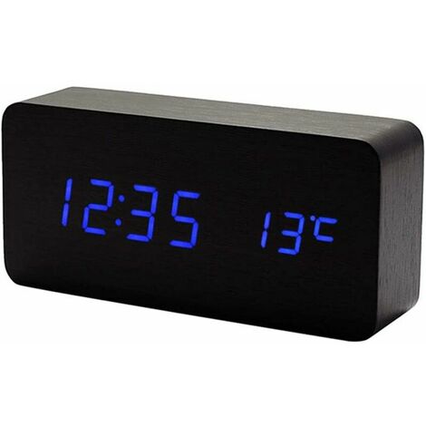 Wooden Digital Clock - Multifunction LED Alarm Clock with Time/Date/Temperature Display and Voice Control-BlackBlue