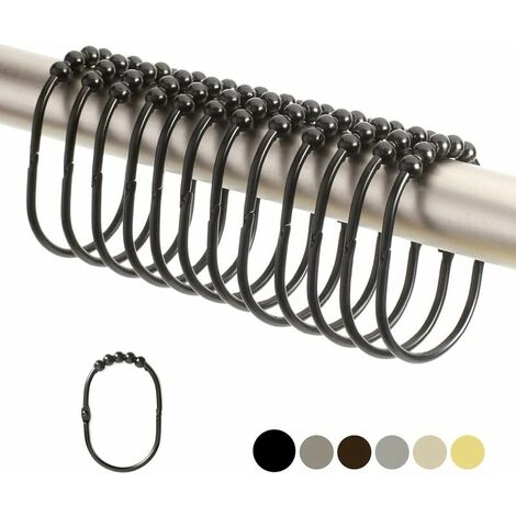 Wide Shower Curtain Rings/Hooks Set, Decorative Black Finish, Easy-Glide Rollers, 100% Rust-Proof Stainless Steel, Set of 12 Shower Rod Rings (1/5)