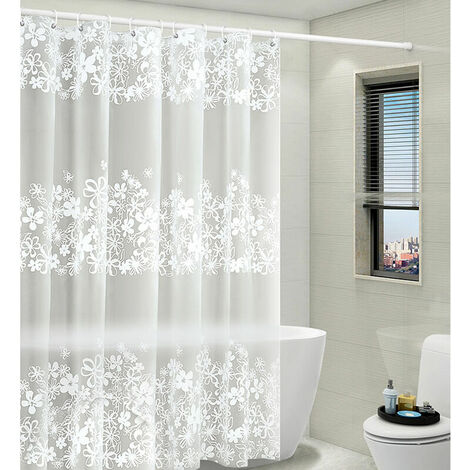 Shower Curtain with Attached Valance for Bathroom, White Victorian Floral Sheer Knit, Shabby Chic Fabric Decor Set, W 72 x L 72