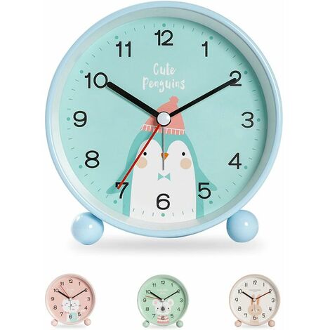 Child Boy Girl Alarm Clock, Educational Alarm Clock for Kids, Easy to Set and Battery Operated, Night Light Quiet Non-ticking Travel Alarm Clock (Penguin) (1/5)