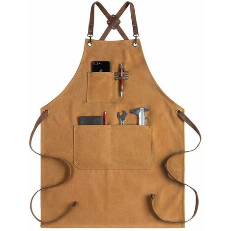 Apron for Men and Women, Canvas Apron with Pockets - Cross Back Kitchen Apron for BBQ Cooking, BBQ Cooking, Barber Shop (1 Pack, Brown)