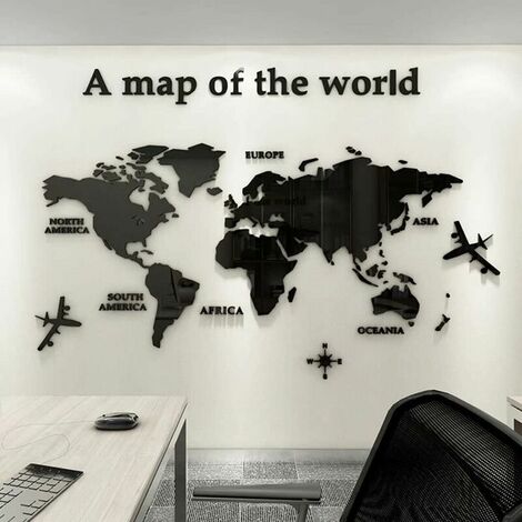 3D Art World Map Murals Wall Sticker Wall Decoration Decor Decals Sticker Murals Wall DIY Acrylic Crystal Office Study Living Room Sofa Background Decor (Black, 80  40cm)