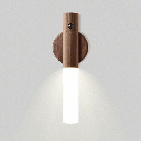 Wall Lamp Indoor Wood Led Night Lights Battery Powered Portable Sconce Wall Lamp Wireless Rechargeable Induction Night Light with Magnet for Stairs Corridor Household (Brown) (1/5)