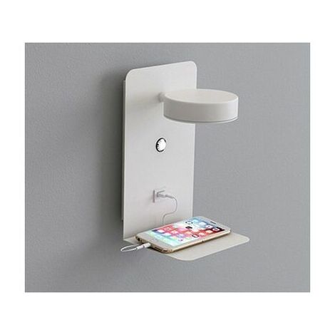 Indoor LED Wall Light with Switch and USB Interface, 12W - Tricolor Dimmable Bedside Lamp, 90° Adjustable Wall Reading Light with Tray - White (1/5)