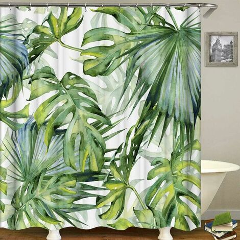 Shower curtain tropical jungle palm plant original shower curtains anti -mold green fabric with 12 hooks (90cm 180cm)