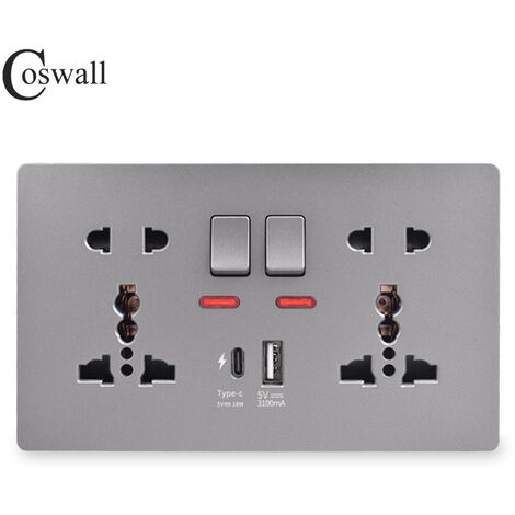 146PC 13A Switched Socket with Outboard Rockers and Dual USB (A+C) 5V,Multifunctional 5-hole Fast Charging Socket,Gray