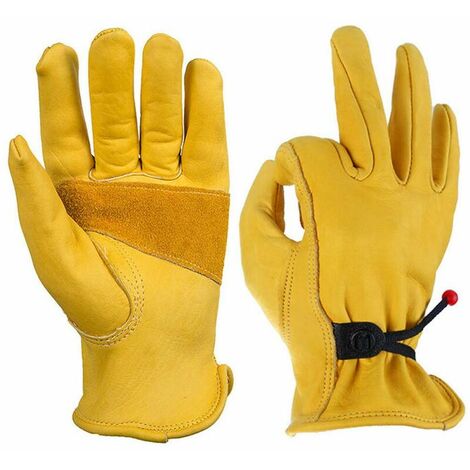 Safety Gardening Gloves with Work Grip, with Buckle and Wrist Adhesive Tape, 1 Pair in Cowhide Fiber-Yellow L (1/5)
