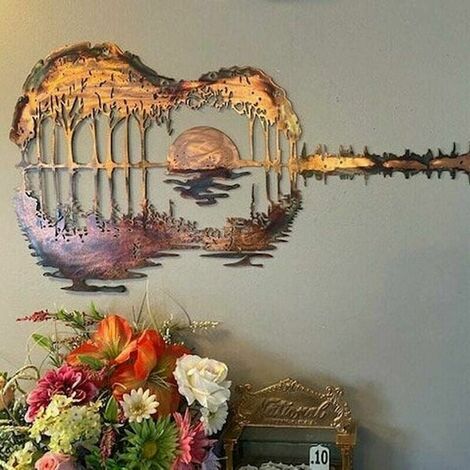 Abstract Guitar Metal Art Decoration Crafts, Metal Wrought Iron Forest Sunset Guitar Wall Art, Wall Hanging Decoration for Musicians Studio Music Indoor Outdoor Yard