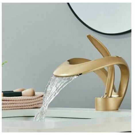 Gold Waterfall Brass Bathroom Faucet,Waterfall Basin Faucet,High-Arc Single Handle Bathroom Faucet With Adjustable Hot And Cold Single Handle Ceramic Valve,Waterfall Basin Faucet