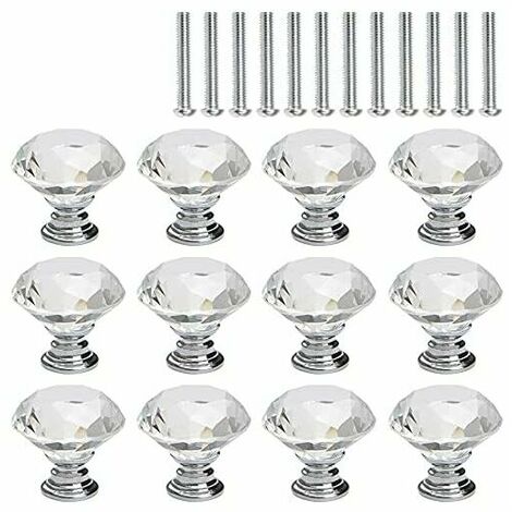 Furniture Knobs and Handles, 12 Pcs Crystal Cabinet Knob, Silver Base - with 25mm Screws, 3030mm Lengths (1/5)