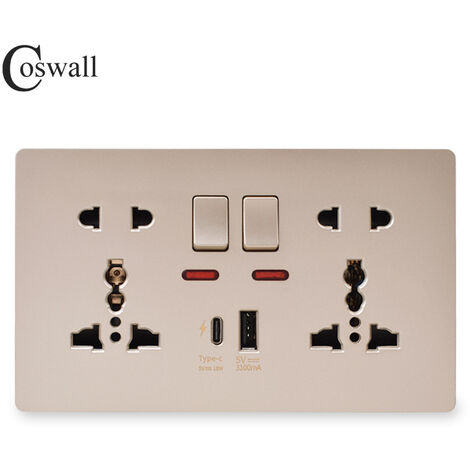 146PC 13A Switched Socket with Outboard Rockers and Dual USB (A+C) 5V,Multifunctional 5-hole Fast Charging Socket,Gold (1/3)