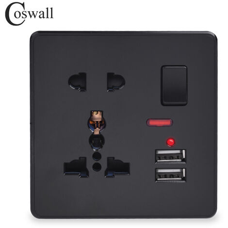 Electrical Single Switched 13 A Fast Charging Power Socket with Two USB Charging Ports, 2.1 A, 5 V, Square Edge, Black - A