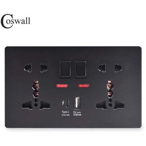 146PC 13A Switched Socket with Outboard Rockers and Dual USB (A+C) 5V,Multifunctional 5-hole Fast Charging Socket,Black