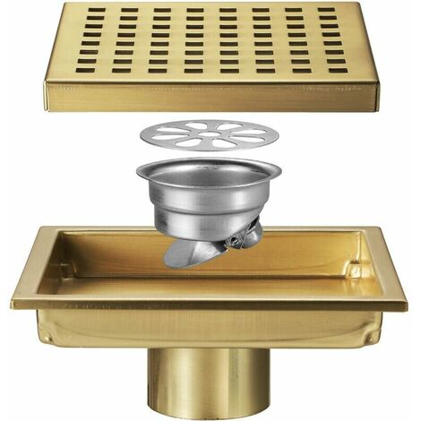 Square Shower Floor Drain with Removable Grate Cover, SUS 304 Stainless Steel, Brushed Gold