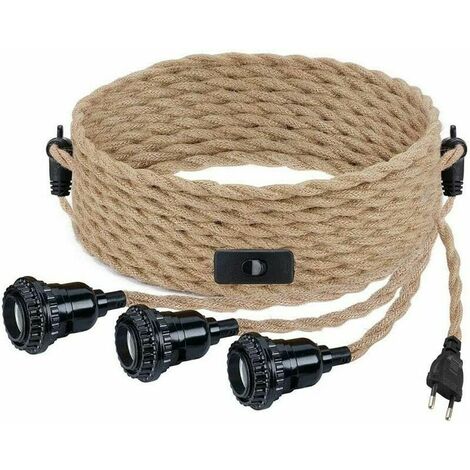 DIY pendant light with hemp rope, textile cable, hanging lamp 3×E27 with switch and plug, retro lamp 9 meters of cable, lamp for dining table, cafe, living room, bedroom [Energy Class A+]