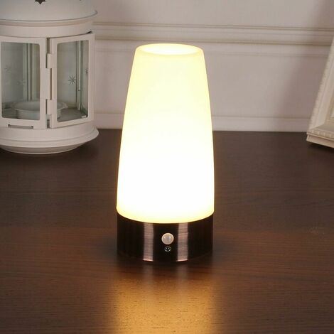 Table Lamp, Retro LED Night Light, Bedside Lamp with Wireless PIR Motion Sensor, Requires 3 AAA 1.5 V Batteries, Plastic, White Light, Round (1/4)