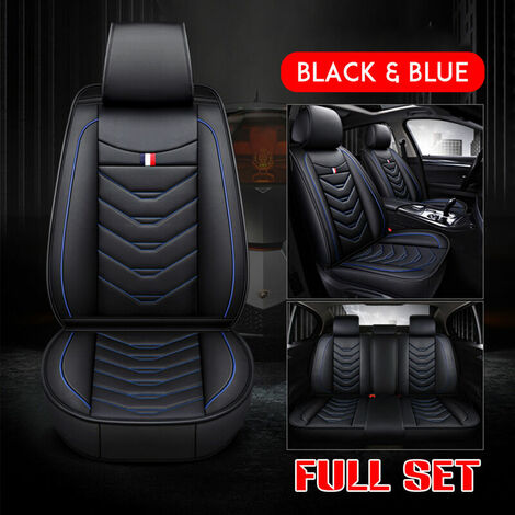 Universal Full Leather Car Front Seat Mat Covers Breathable Cushion Set (Black Blue Full Set)