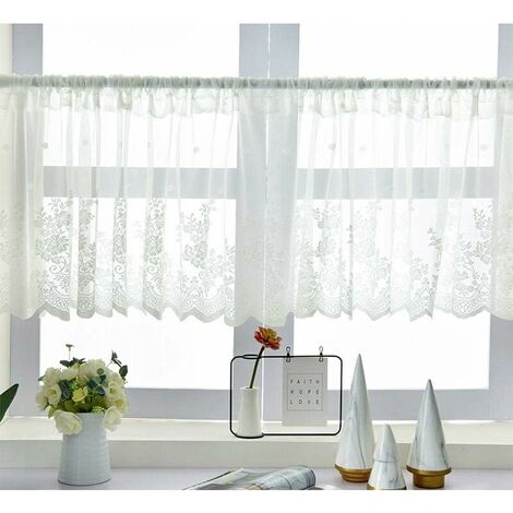 White Half Curtain Lace Tier Curtain for Small Window Bedroom Living Room Kitchen Cabinet Door Dustproof Half Drapery, 150 x 60cm